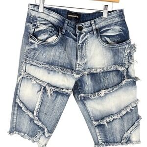 Legendary Status Mens Acid Wash Distressed Patchwork Denim Shorts Blue Size 30